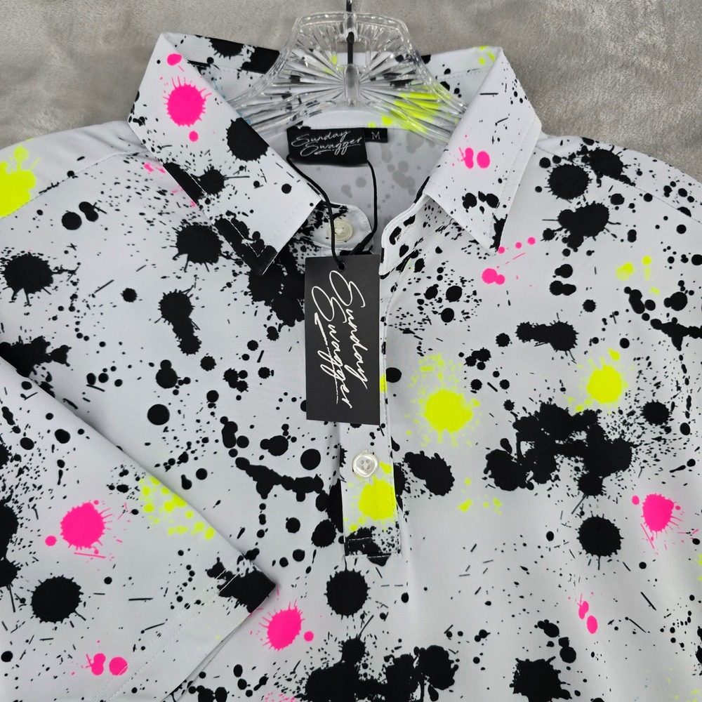 Sunday Swagger Polo Shirt Mens Medium White Neon Paint Splatter Performance‎ NEW